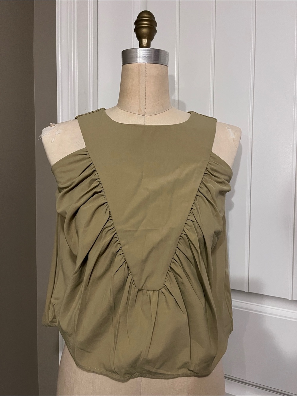 Womens Olive Green Gathered Cold-Shoulder Top